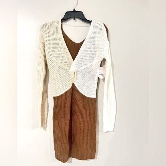 Crave Fame Juniors Colorblocked Reversible Sweater Dress Brown Cream NEW XS,S,M - Picture 4 of 7